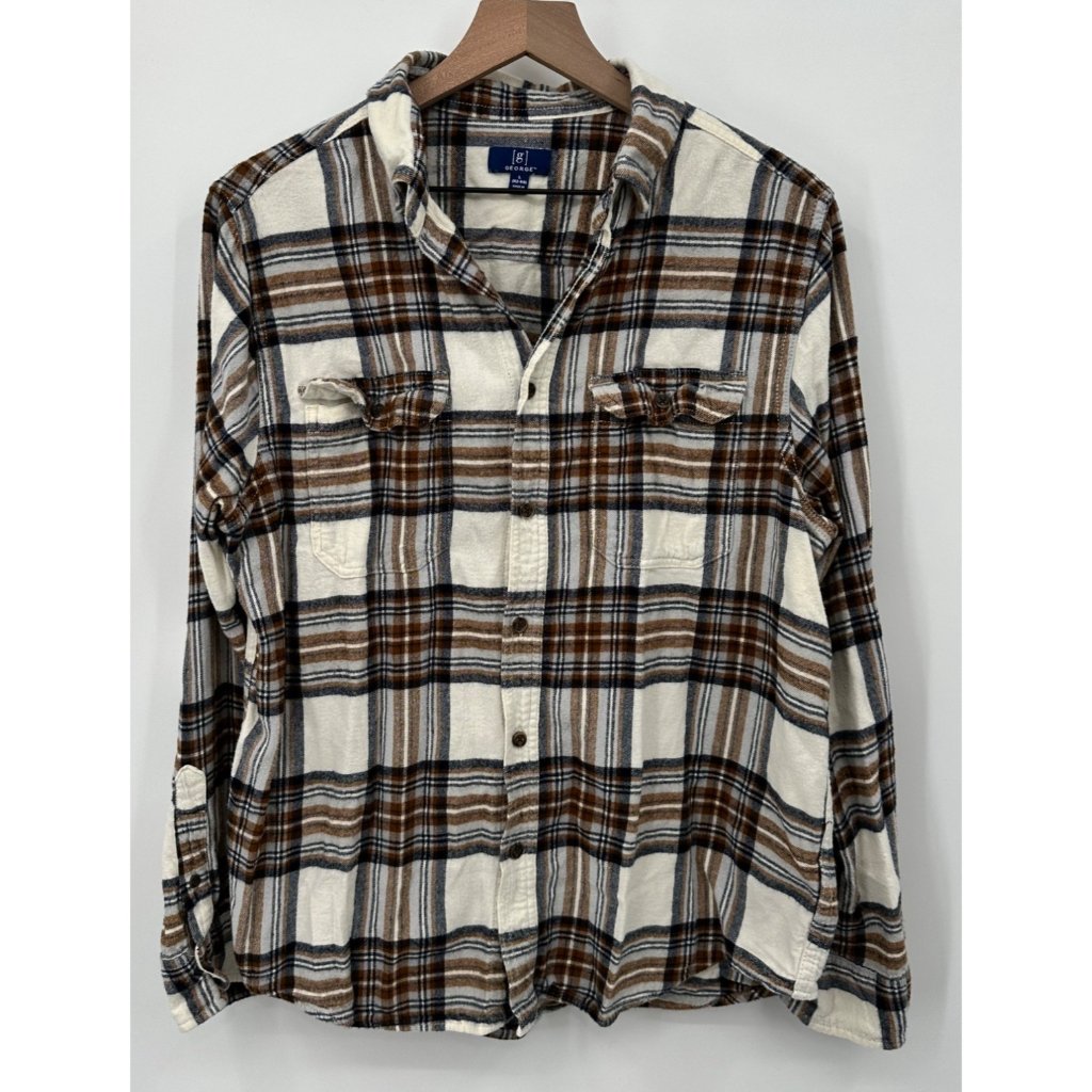 George Flannel Shirt Men Large White Brown Plaid Button Up Pockets Collared